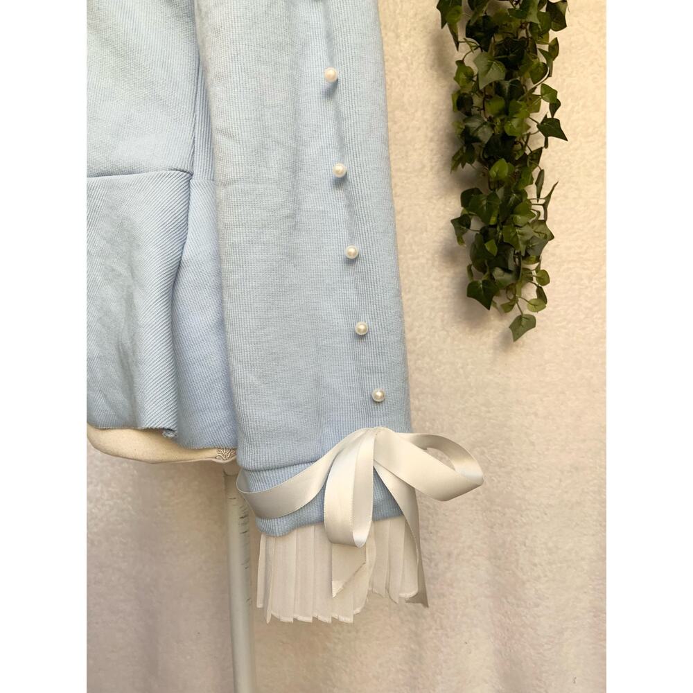 NWT CBR Blue Ruffled Collar Beaded with Bows Long Sleeved Blouse Women's Large - Picture 8 of 11